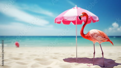 Tropical Beach Scene with Flamingo Under Pink Umbrella on Sunny Day