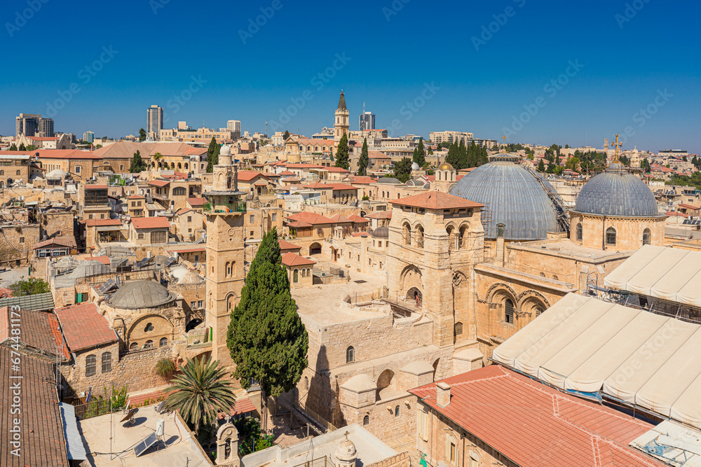 Panoramic view of the Jerusalem Christian Quarter featuring the Church of the Holy Sepulchre and the Omar Mosque