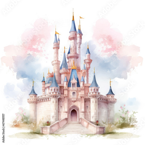 Cute watercolor princess castle Illustration, Generative Ai