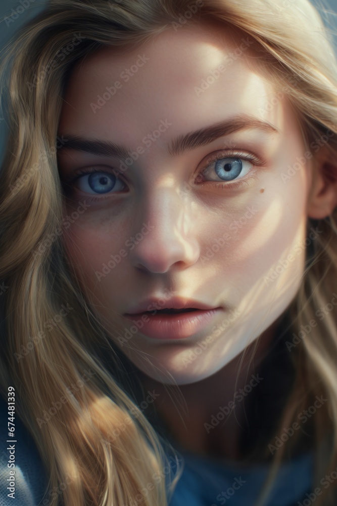 Close-up of the face of young woman with bright blue eyes and blonde, close-up of the face of European woman, the embodiment of genuine beauty Close-up of the face of young woman with bright blue eyes and blonde, close-up of the face of European woman, the embodiment of genuine beauty