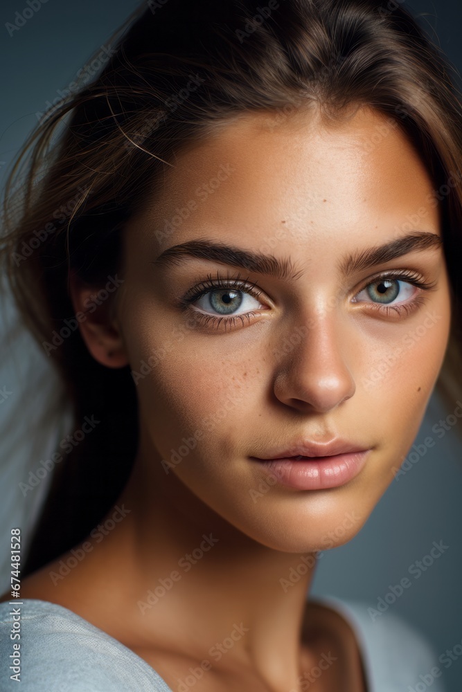 Close-up of the face of a young woman with bright green eyes and gathered hair on her head, close-up of the face of a European woman, the embodiment of genuine beauty Close-up of the face of a young woman with bright green eyes and gathered hair on her head, close-up of the face of a European woman, the embodiment of genuine beauty