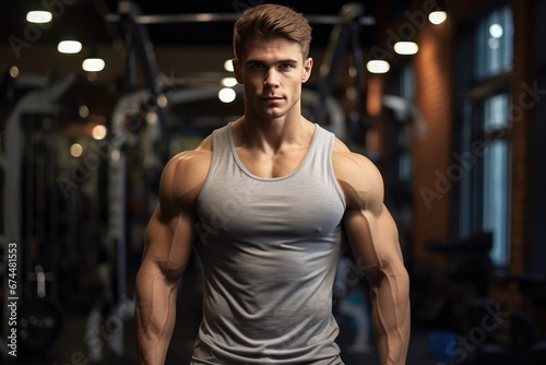Muscular Man In Sportswear At The Gym. Сoncept Fitness Model, Gym Workout, Strength Training, Athletic Pose, Sportswear Fashion