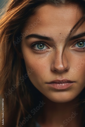 Close-up of young woman's face with bright green eyes and disheveled hair on her head, close-up of  woman's face, the embodiment of genuine beauty © Good AI