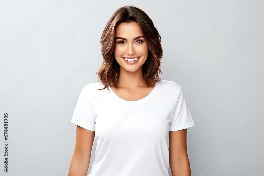 Plus Size Woman Smiling With Blank White Tshirt Mockup Plus Size Woman Smiling With Blank White Tshirt Mockup