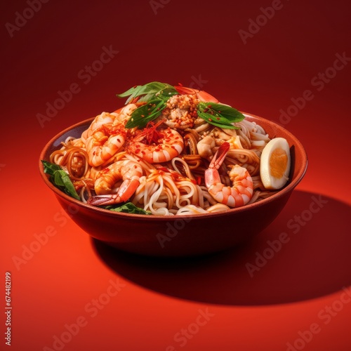 Noodles with Shrimps on the red background