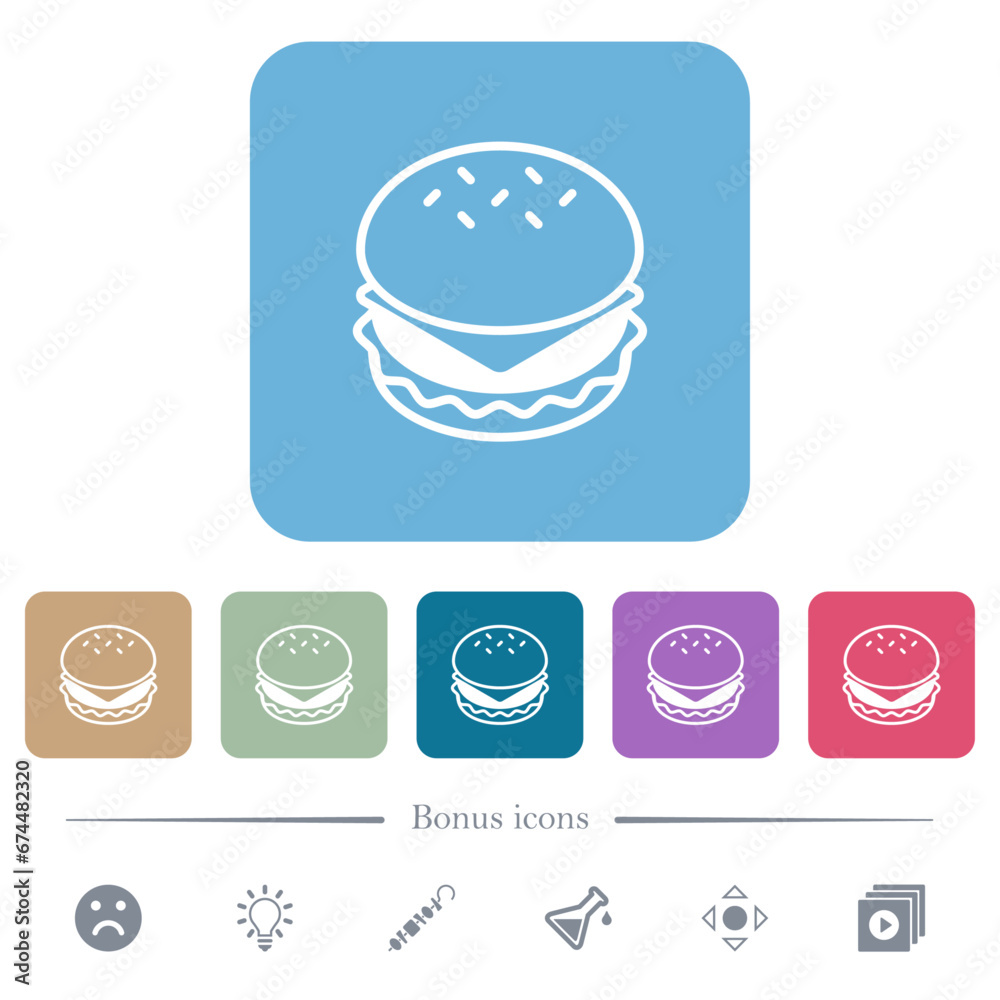 Cheeseburger flat icons on color rounded square backgrounds