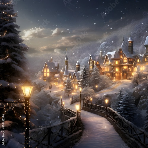 Christmas and New Year holidays background. Beautiful winter night in the village.