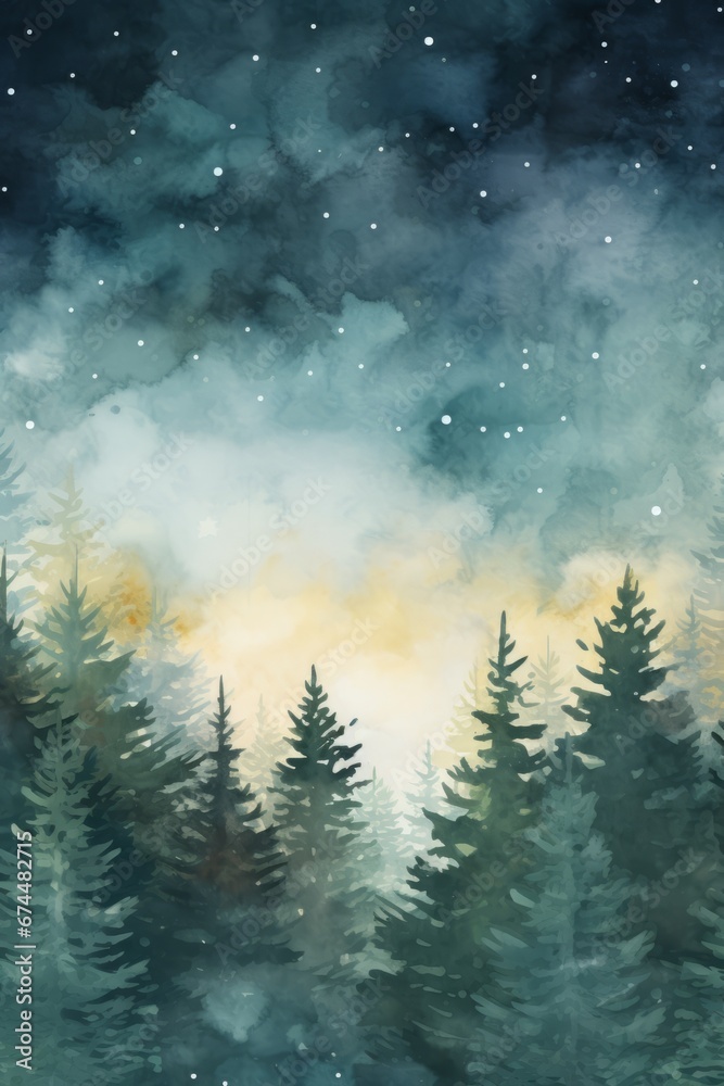 Watercolor christmas greeting card of trees in the snow.y forest landscape with stars and snowflakes, copy space for text, banner wallpaper background