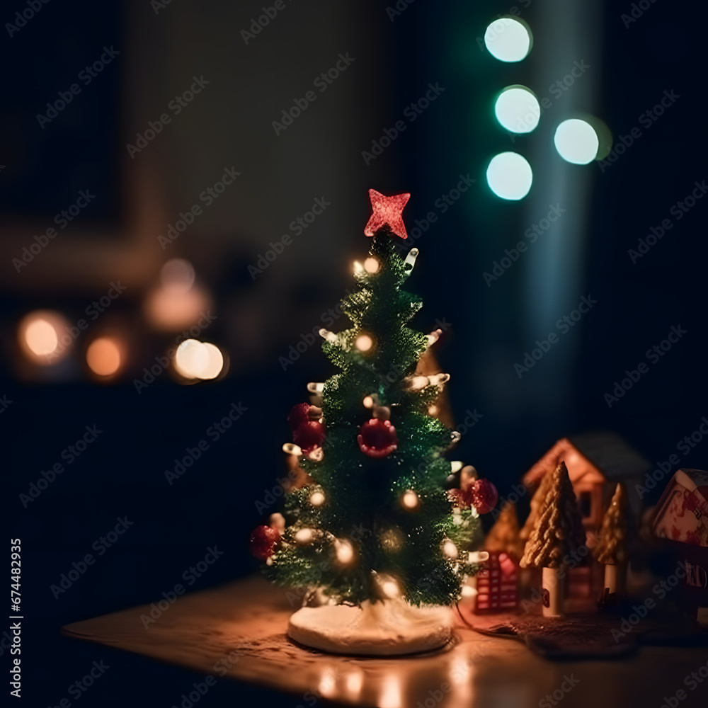 Close-up of a miniature Christmas tree, brightly lit, festive decorations, dark room with holiday decor, cozy atmosphere, holiday photography style