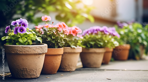 Fototapeta Naklejka Na Ścianę i Meble -  Flowers in ceramic pots in the garden on a sunny day
