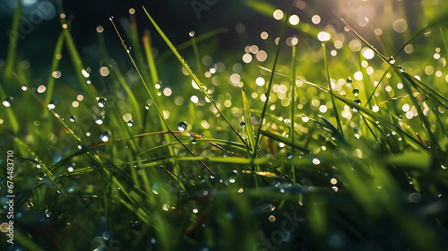 Many dew drops glow and sparkle in sun in morning fresh wet grass in nature.