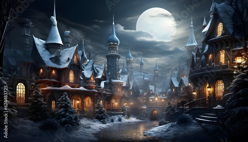 Winter fairy tale castle at night with full moon. 3d rendering