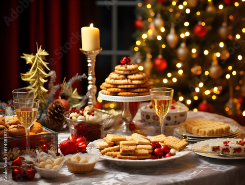 Christmas Dinner table full of dishes with food and snacks  New Year s decor with a Christmas tree on the background. Generative AI