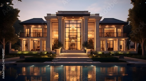 3d rendering of a beautiful luxury house with swimming pool at night © Iman