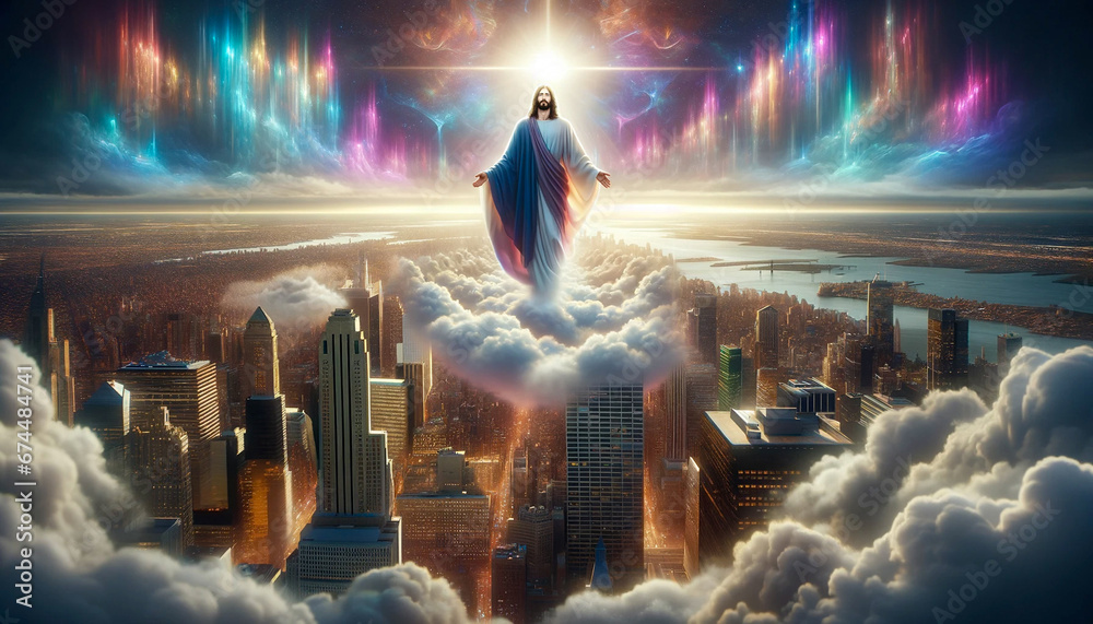 The Second Coming of Jesus Christ: Jesus Christ's Second Coming to the Heart of New York City. - obrazy, fototapety, plakaty 