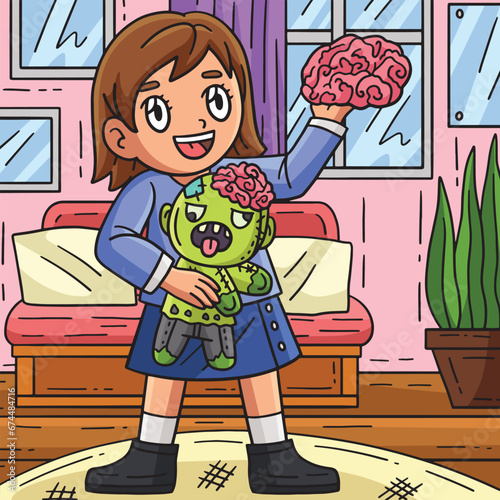 Child with a Zombie Stuffed Toy Colored Cartoon 