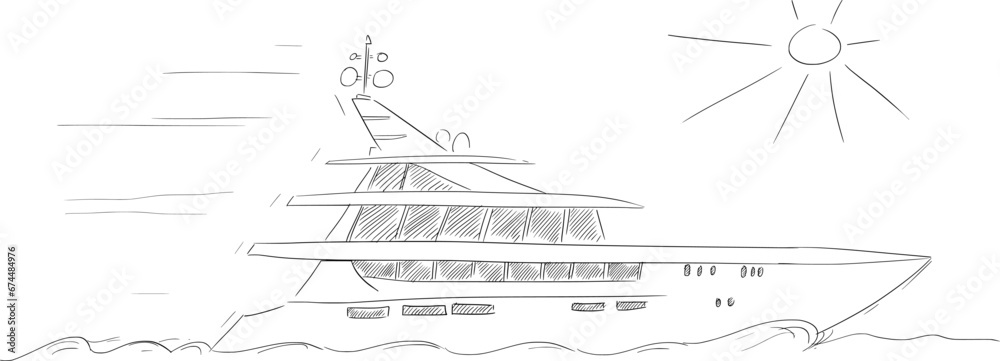 Luxury Yacht on Sea or Ocean, Vector Cartoon Illustration