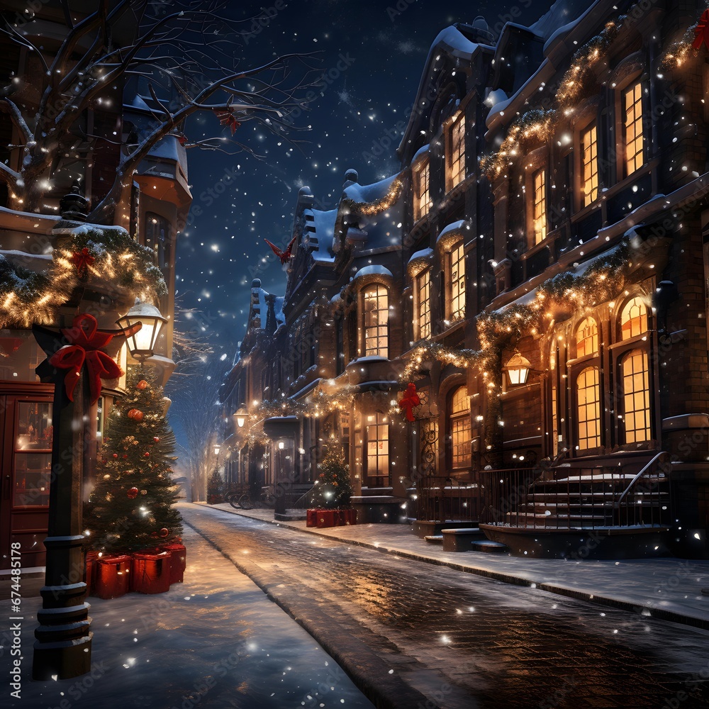 Winter city street with christmas tree, lights and snowflakes