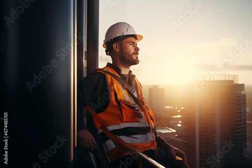Construction worker in uniform and safety equipment on construction site. Sunset background

 photo
