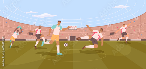 Stadium soccer people, football players on field. Vector dynamic poses of people in uniform, tense moment on field. Soccer stadium players. Football match players kicking ball, championship