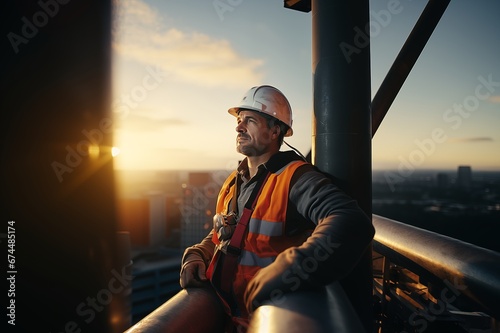 Construction worker in uniform and safety equipment on construction site. Sunset background photo