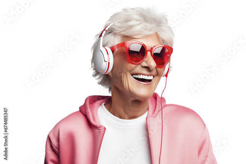 Elderly smiling woman in a tracksuit and sunglasses listens to music on headphones. Forever young concept photo