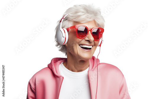 Elderly smiling woman in a tracksuit and sunglasses listens to music on headphones. Forever young concept