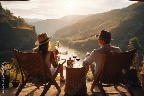 Adult couple siting on chairs at terrace and drink wine in the mountains at summer photo
