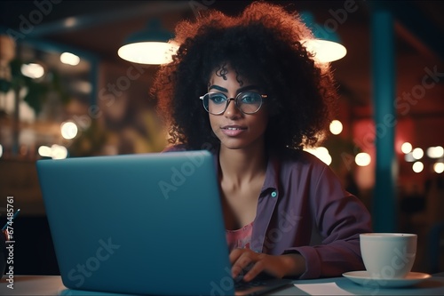Young african american woman wearing glasses working with laptop. Indoors