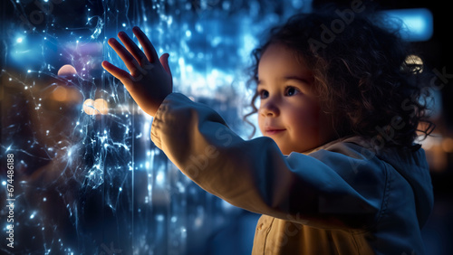 A girl touching a digital screen with abstract fractal elements, curiosity of the science