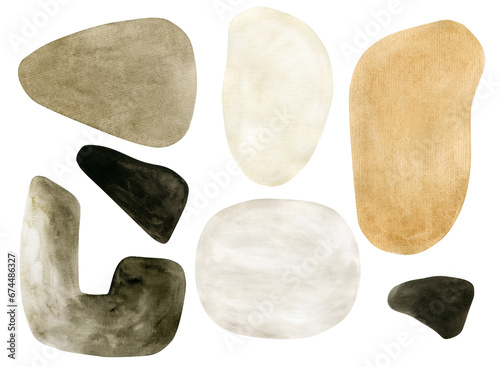Watercolor set with hand drawn beige, black and brown shapes. Isolated on white background. Hand drawn clipart. Perfect for card, template, tags, invitation, printing, wrapping, canvas.