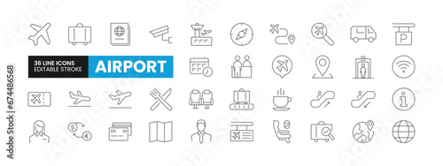 Set of 36 Airport line icons set. Airport outline icons with editable stroke collection. Includes Airport, Airplane, Waiting Lounge, Map, Ticket and More.