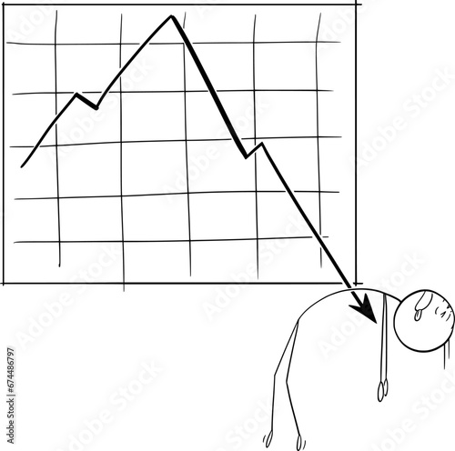 Businessman and Falling Market Chart, Vector Cartoon Stick Figure Illustration