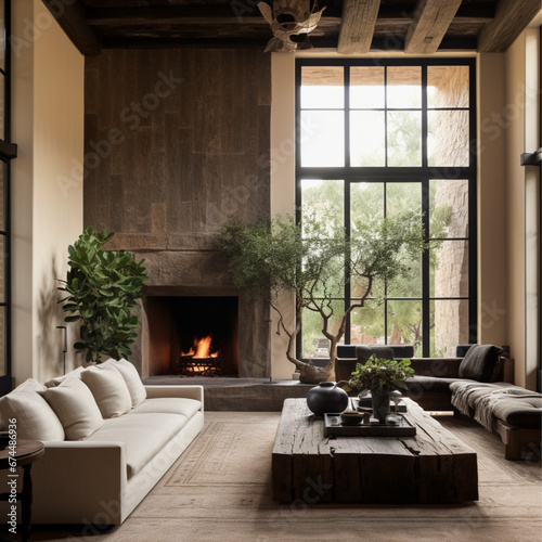axel vervoordt style living room, quarter sawn oak, copper leather couches, with beige field stone fireplace and hickory floors, normal window trim, black accents, and cactus succulents