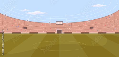Football soccer field with tribunes, blue sky and green grass, flat cartoon style. Vector illustration of arena for tournaments or championships, no people on tribunes, board with much results