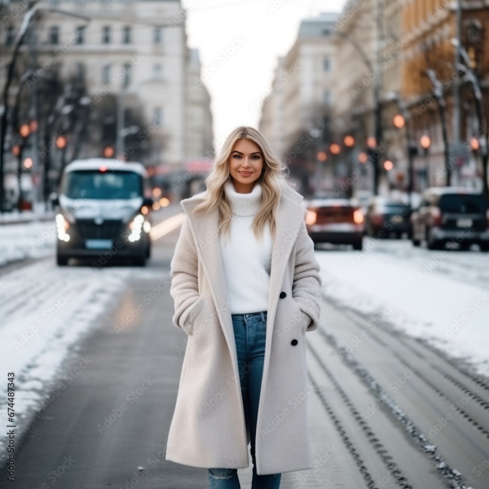 Beautiful happy woman in full height with long blond hair, beautifully styled, in a white coat with a belt and white boots walks in winter in a clean beautiful city of St