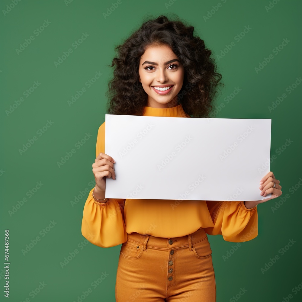 a beautiful indian girl smiling for camera and pointing at empty banner against green background a beautiful indian girl smiling for camera and pointing at empty banner against green background