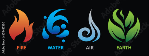 The four elements icons symbols. Vector illustrator logo template. Wind, fire, water, earth in flat design