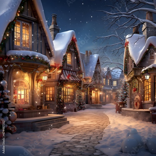 Beautiful winter christmas village at night with lights and snow.