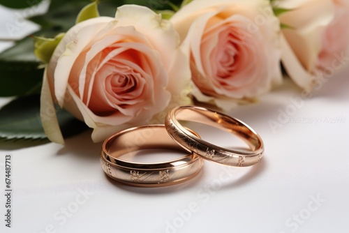 Romantic Wedding Rings And Roses On Marble Backdrop