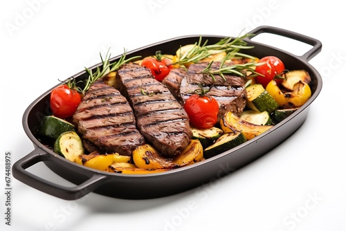 Generative AI : Grilled striploin steak with spices and herbs on grill iron pan.