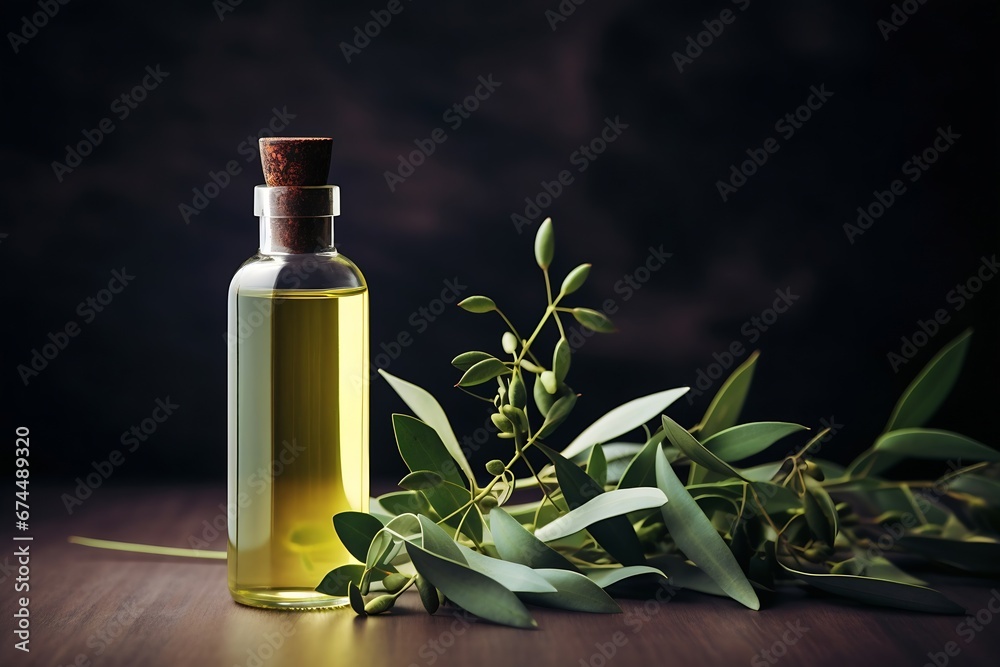 Generative AI : Essential Oil in amber bottle with green leaves isolated on white background. Generative AI : Essential Oil in amber bottle with green leaves isolated on white background.