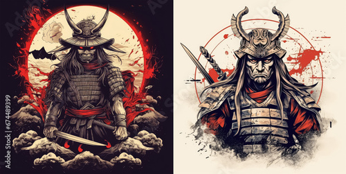 Set of Japan Samurai printing design for t-shirt