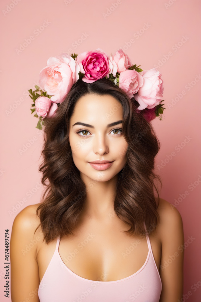 Woman with flowers in her hair and pink background.