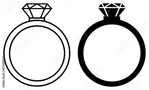 Gem ring outline and silhouette icon. Gemstone ring  illustration. Marriage symbol.