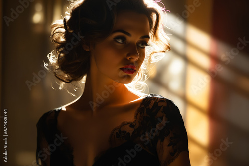 Woman with black dress and red lip.