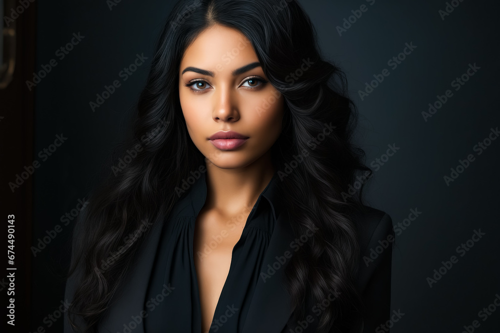 Woman with long hair and black shirt on.