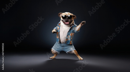 funny dog pug in clothes and sunglasses dancing in the studio on a black background