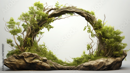 Natural archway formed by entwined trees on a rocky base.