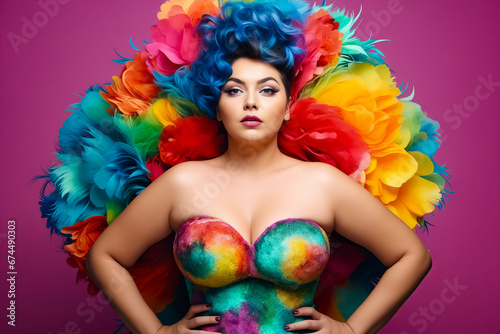 Woman with colorful wig and colorful dress.